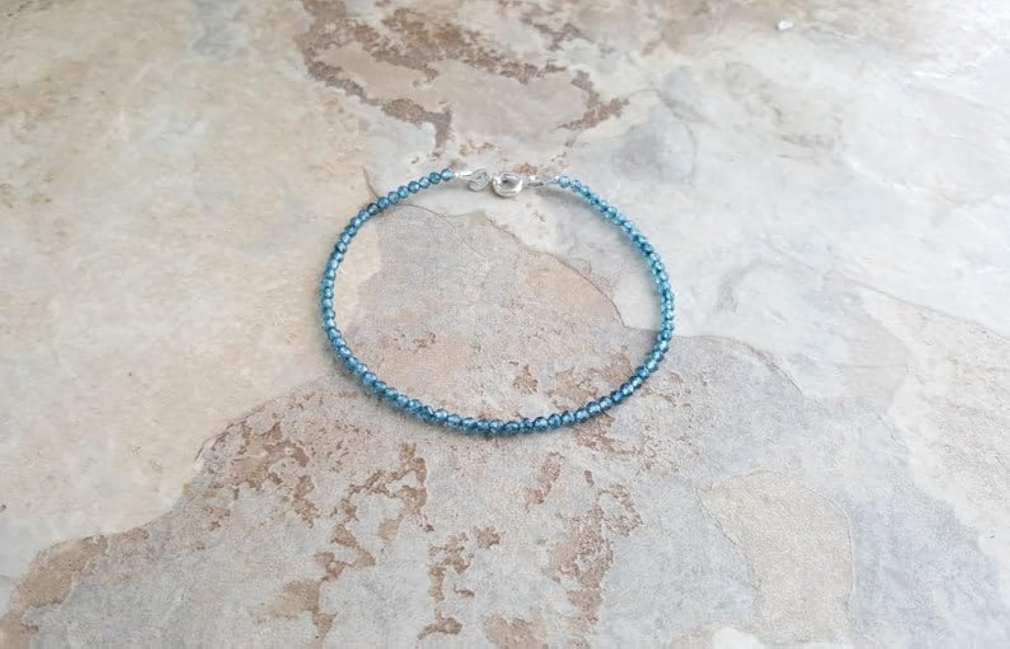 Blue Topaz Round Beaded Bracelet with Silver Plated Clasp, Adjustable